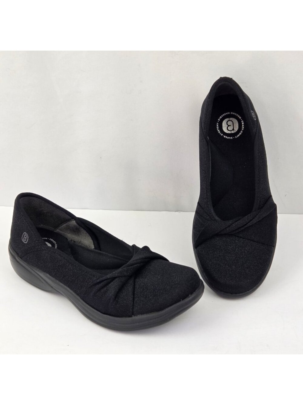 Bzees Paris Washable Slip-On Flats w/ Knotted Detail Crazy-Comfy Stretch Black 7